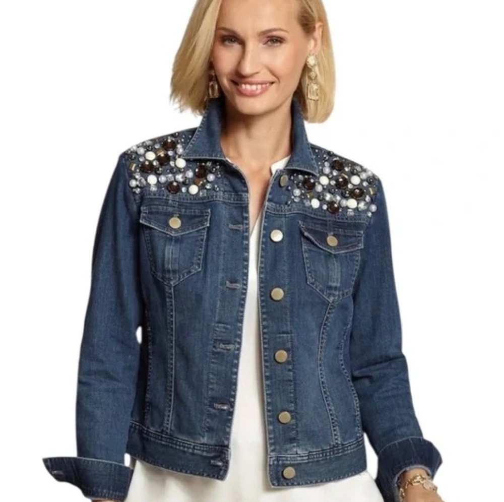 Chico's Blue Jean Jacket with Gold and Silver Embellishments
